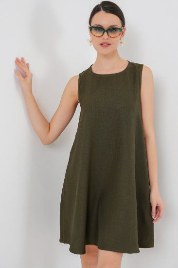 2444 Mini Keten Elbise - Haki resmi